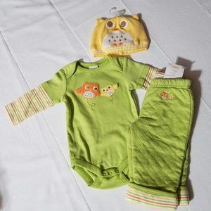 Gymboree Forest Sweet Owl NWT 0-3 Month Hat, Bodysuit, 3-6 Month Pants set.